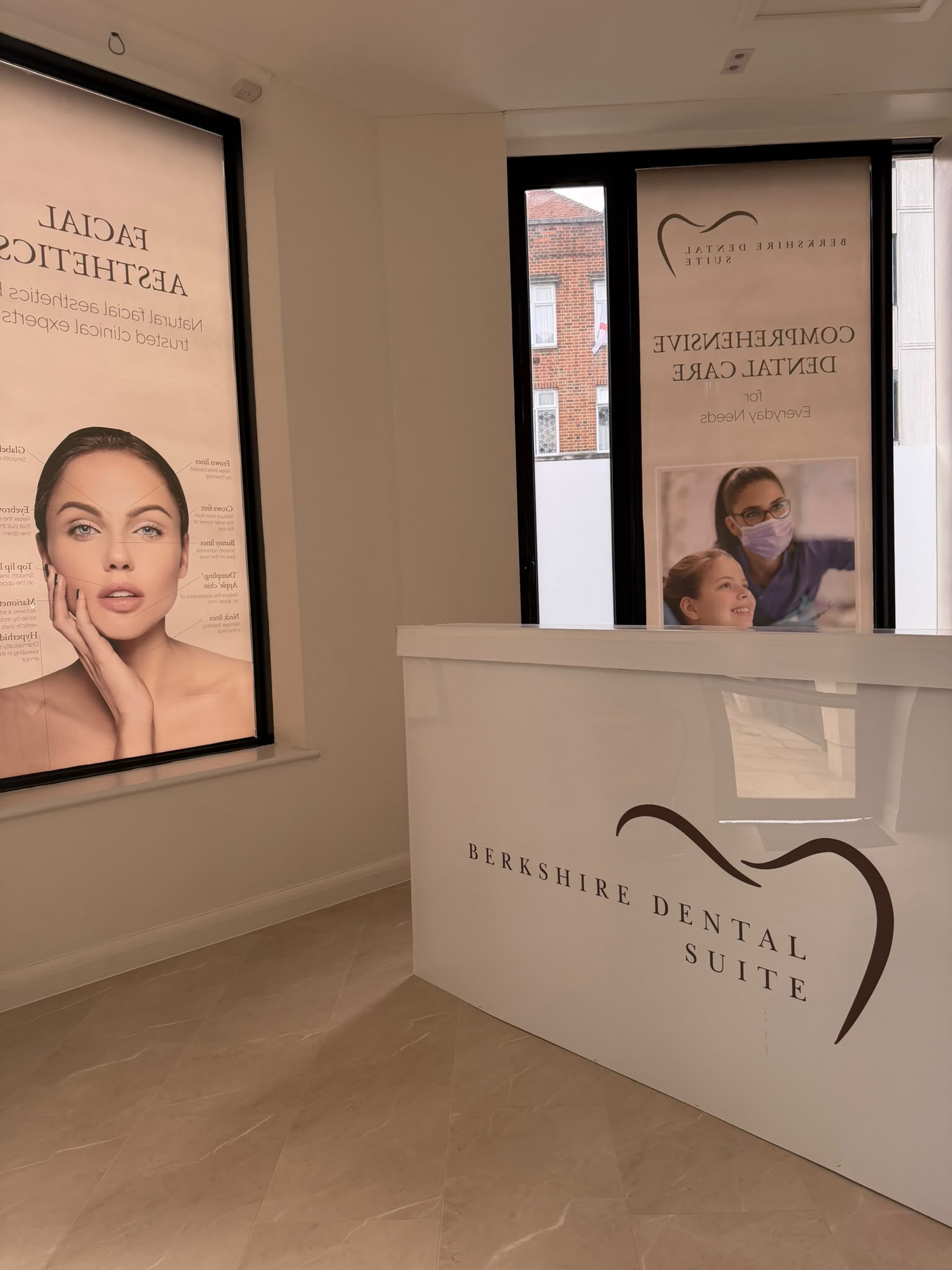 The reception desk and practice window at Berkshire Dental Suite