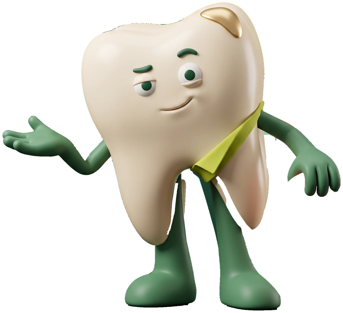 An ivory tooth mascot with a gold corner, bright sash and an inviting open hand