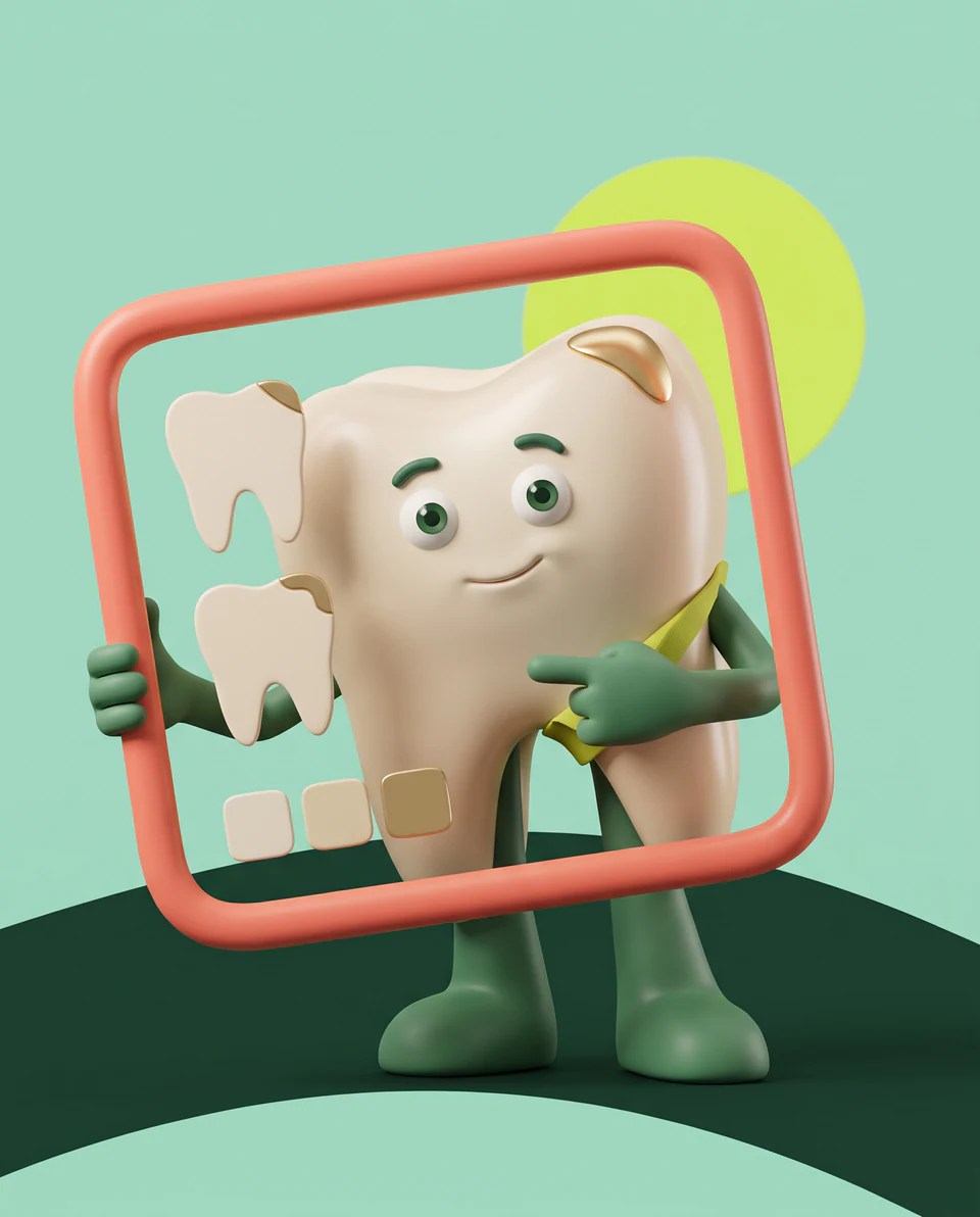 The tooth mascot points out conceptual shape and shade samples inside a coral frame